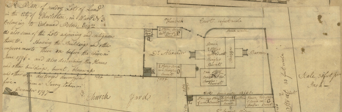 A detail from Joseph Purcell’s 1797 plat of Dr. Baron’s burned property (right) on Kinloch Court (top)