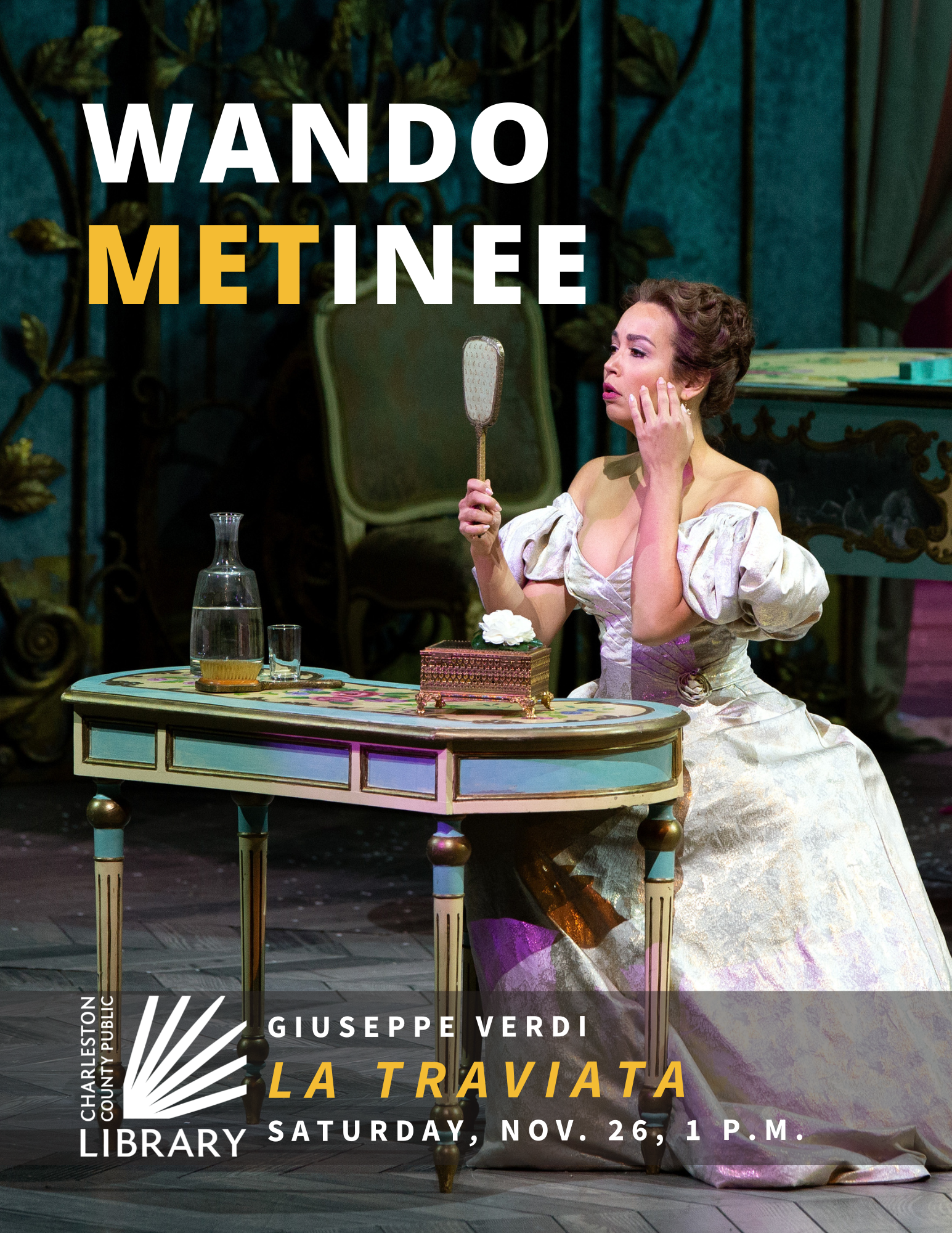 Nadine Sierra in costume as Violetta in the Met Opera's production of La Traviata. The CCPL logo in white appears over the image, and white text reads 